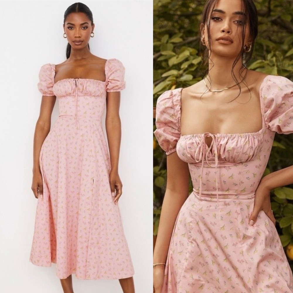House of CB Tallulah Pink Floral Midi Dress Puff Sleeves Slit Hem Milk Maid - XS